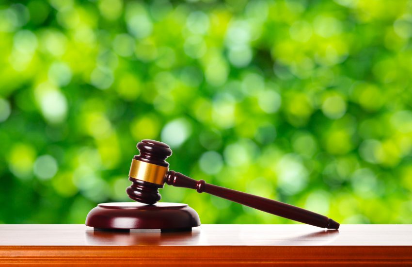 Gavel and green blur background